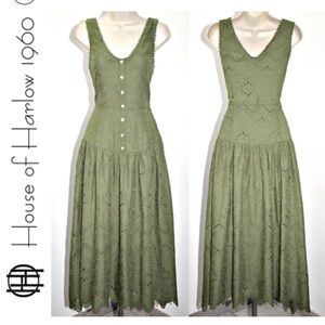 HOUSE OF HARLOW 1960 Cotton Eyelet Faux Button Front  Dress in Olive sz. 6, NWT